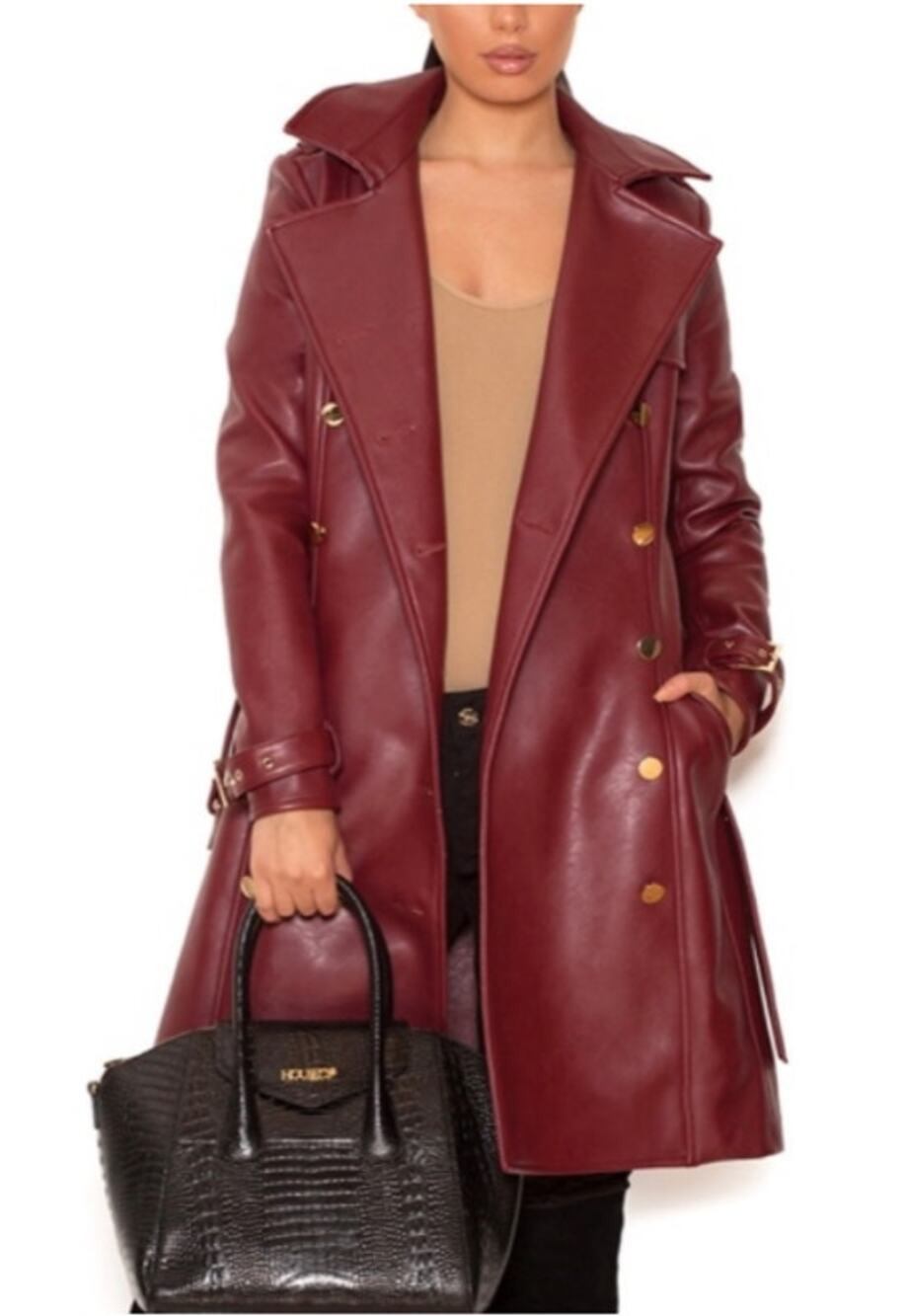 NWT House of CB Burgundy Faux Leather Trench Coat Belted Size XS Gold Hardware